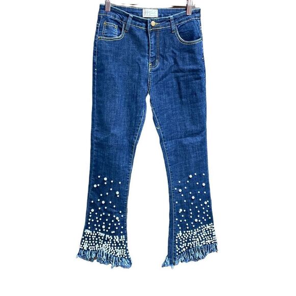 Before You Pearl Fringe Ankle High Waist Jeans Size Large NWT - Picture 1 of 5